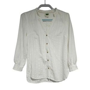 ANTHROPOLOGIE White Button Down Shirt 4 Linen-Blend Mock Neck 3/4 Sleeve
